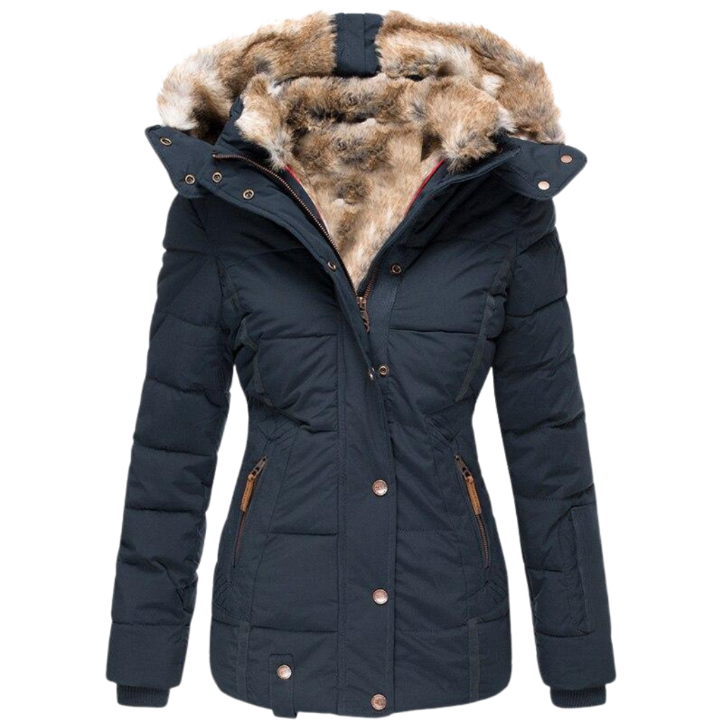 Women's Faux Fur Lined Winter Jacket – Button Front Stand Collar Coat
