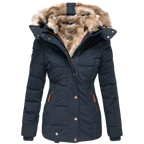 Women's Faux Fur Lined Winter Jacket – Button Front Stand Collar Coat