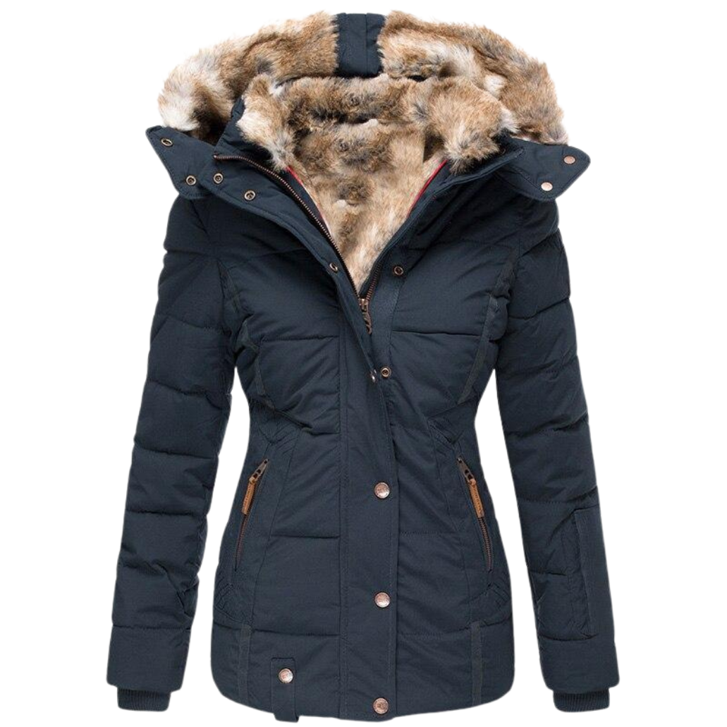 Women's Faux Fur Lined Winter Jacket – Button Front Stand Collar Coat