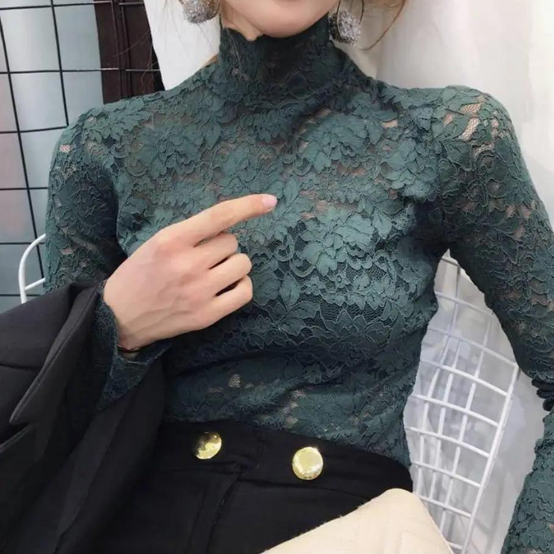 Women's Floral Lace Turtleneck Top – Fitted Long Sleeve Lace Top