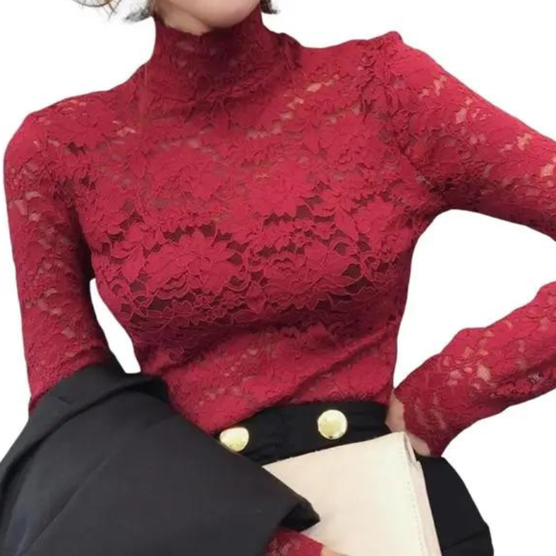 Women's Floral Lace Turtleneck Top – Fitted Long Sleeve Lace Top