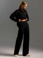 Women's Collared Polo Sweater Set – Oversized Top and Wide Leg Pants Set