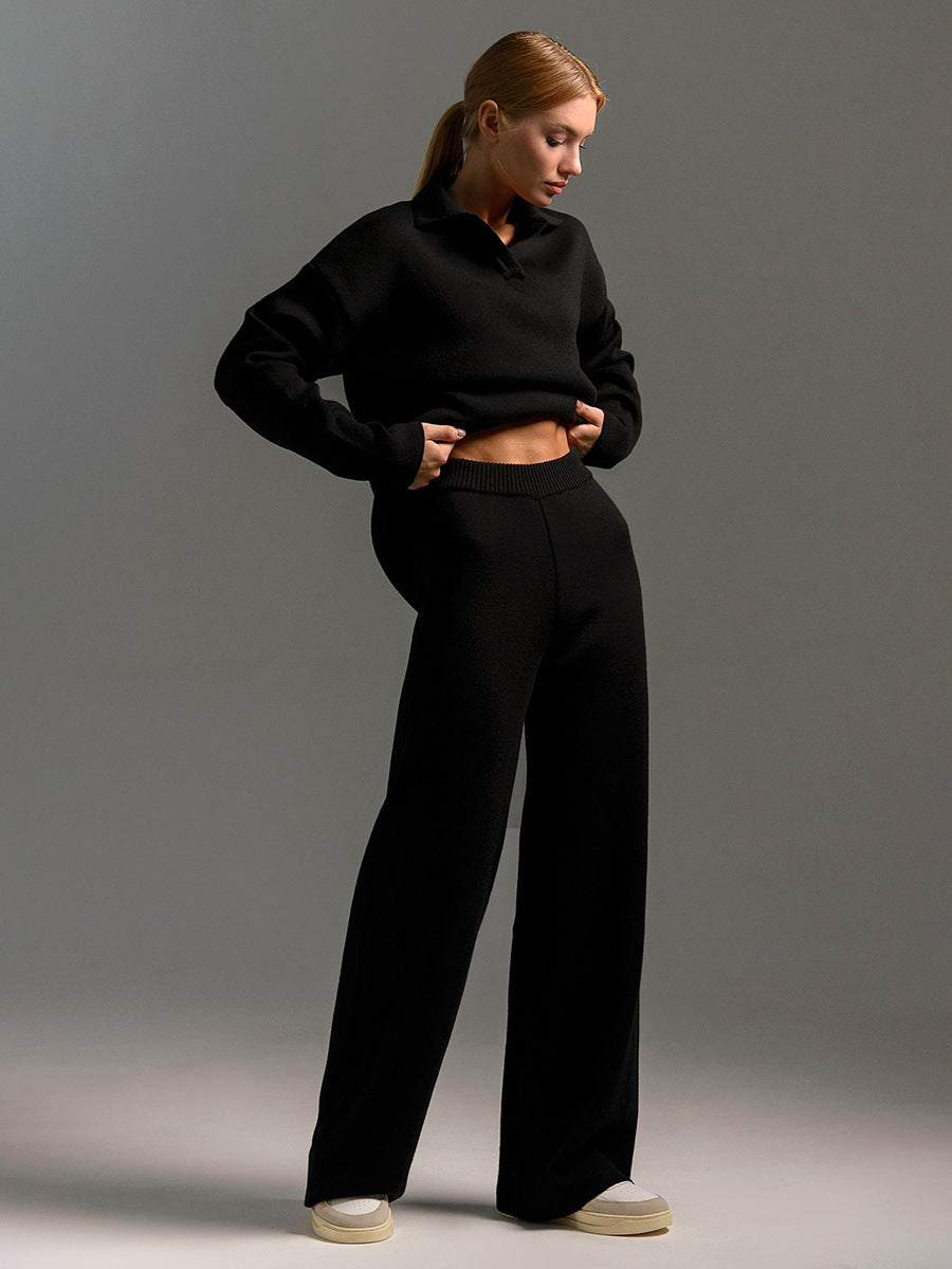 Women's Collared Polo Sweater Set – Oversized Top and Wide Leg Pants Set