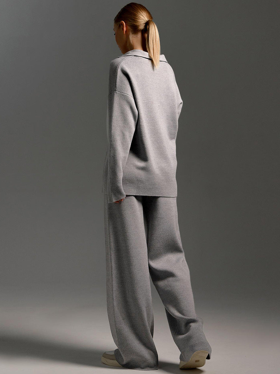 Women's Collared Polo Sweater Set – Oversized Top and Wide Leg Pants Set