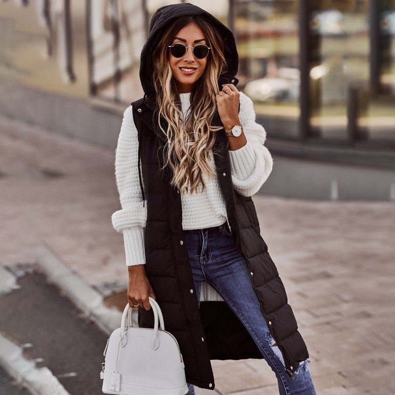 Women's Knee Length Quilted Vest – Hooded Zip-Up Long Puffer Vest