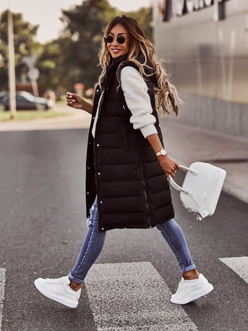 Women's Knee Length Quilted Vest – Hooded Zip-Up Long Puffer Vest