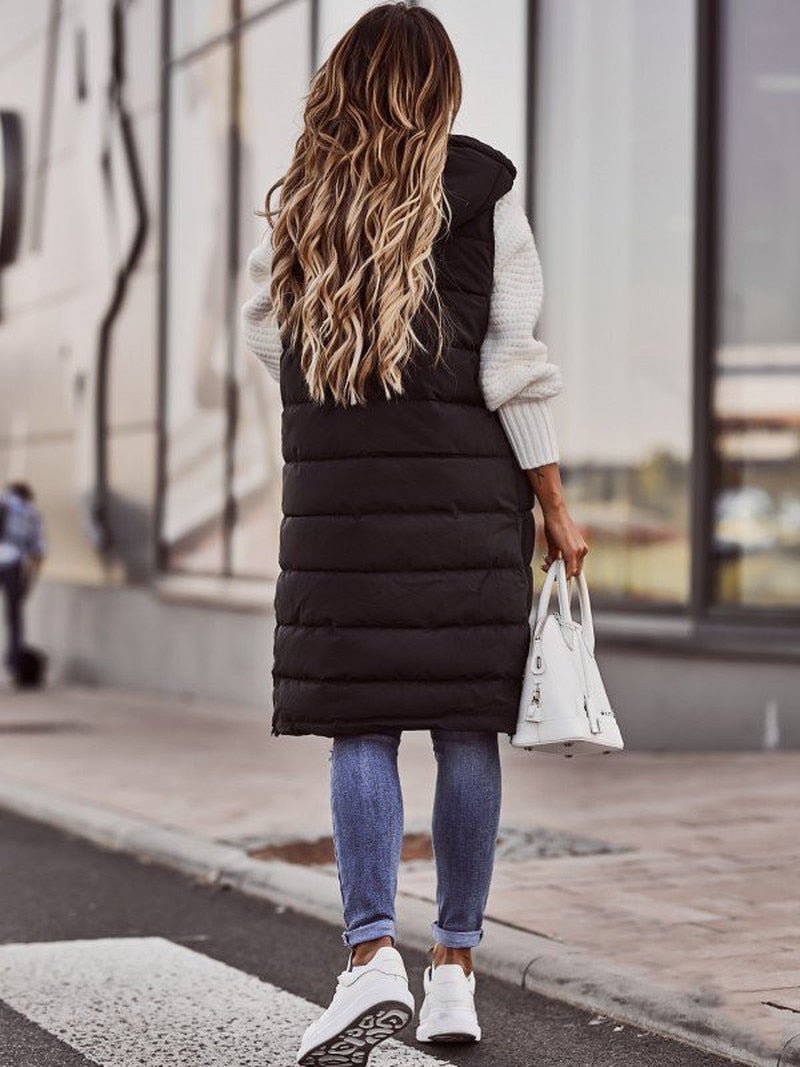 Women's Knee Length Quilted Vest – Hooded Zip-Up Long Puffer Vest
