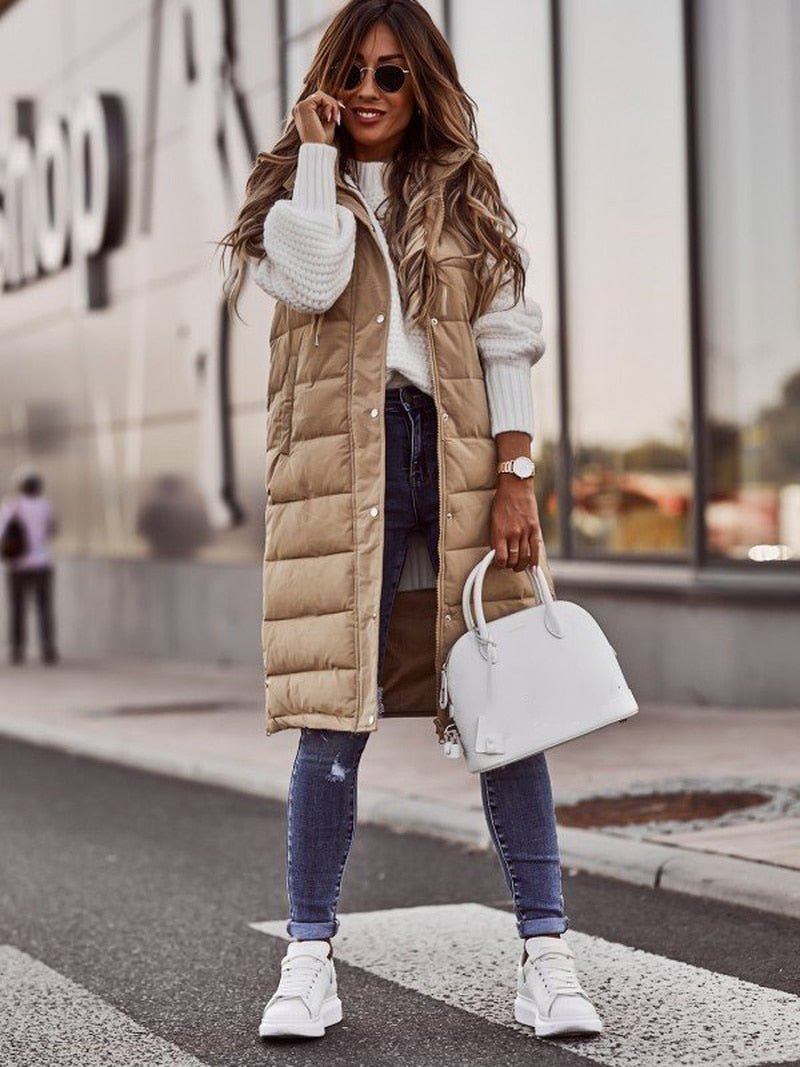 Women's Knee Length Quilted Vest – Hooded Zip-Up Long Puffer Vest