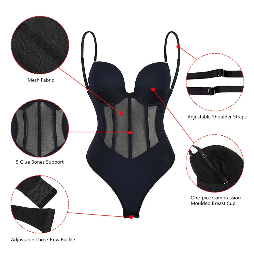 Women's Mesh Corset Shapewear Bodysuit – Low Back Tummy Control Bodysuit
