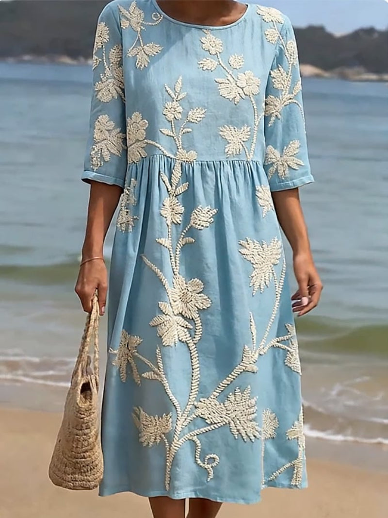 Women's Embroidered Midi Dress – Floral Relaxed Summer Dress
