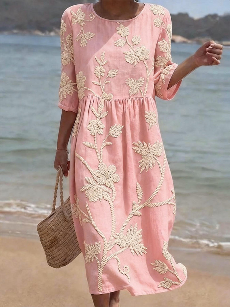 Women's Embroidered Midi Dress – Floral Relaxed Summer Dress