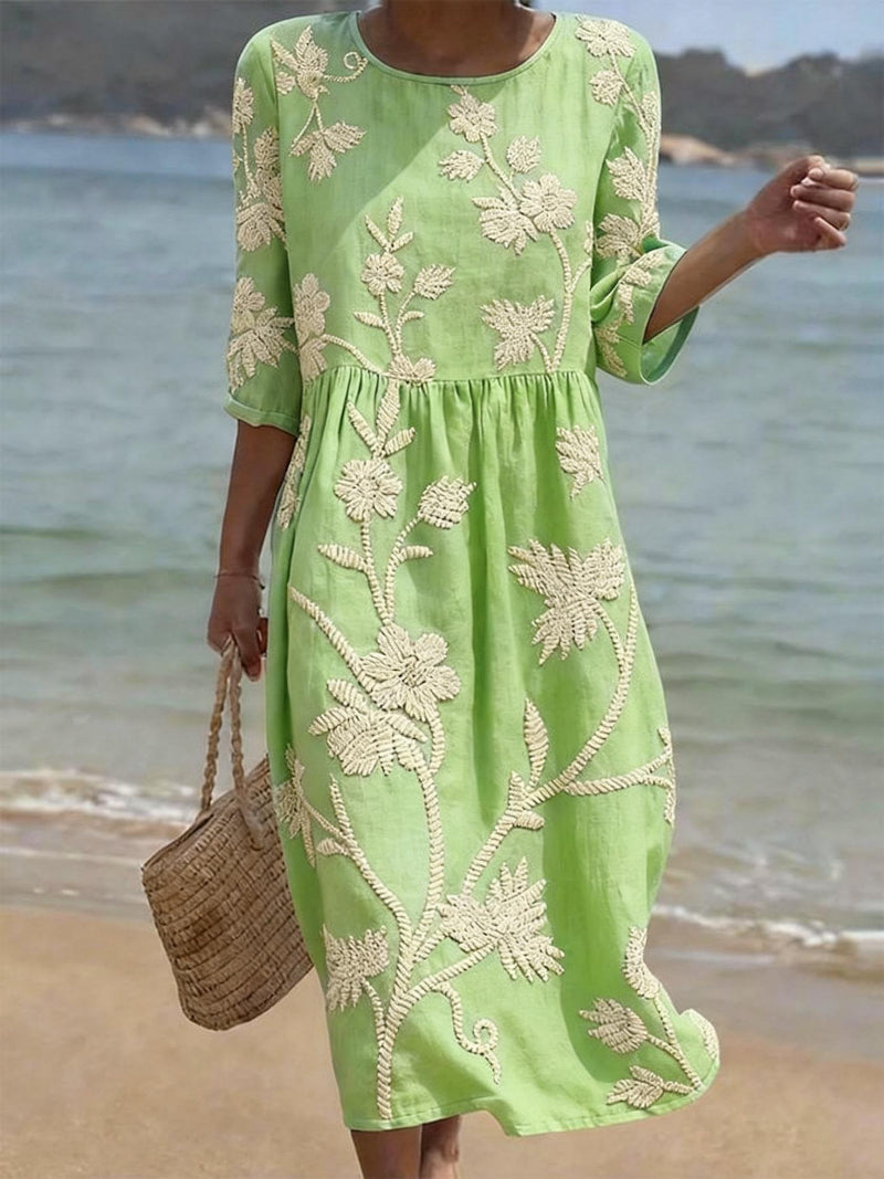 Women's Embroidered Midi Dress – Floral Relaxed Summer Dress