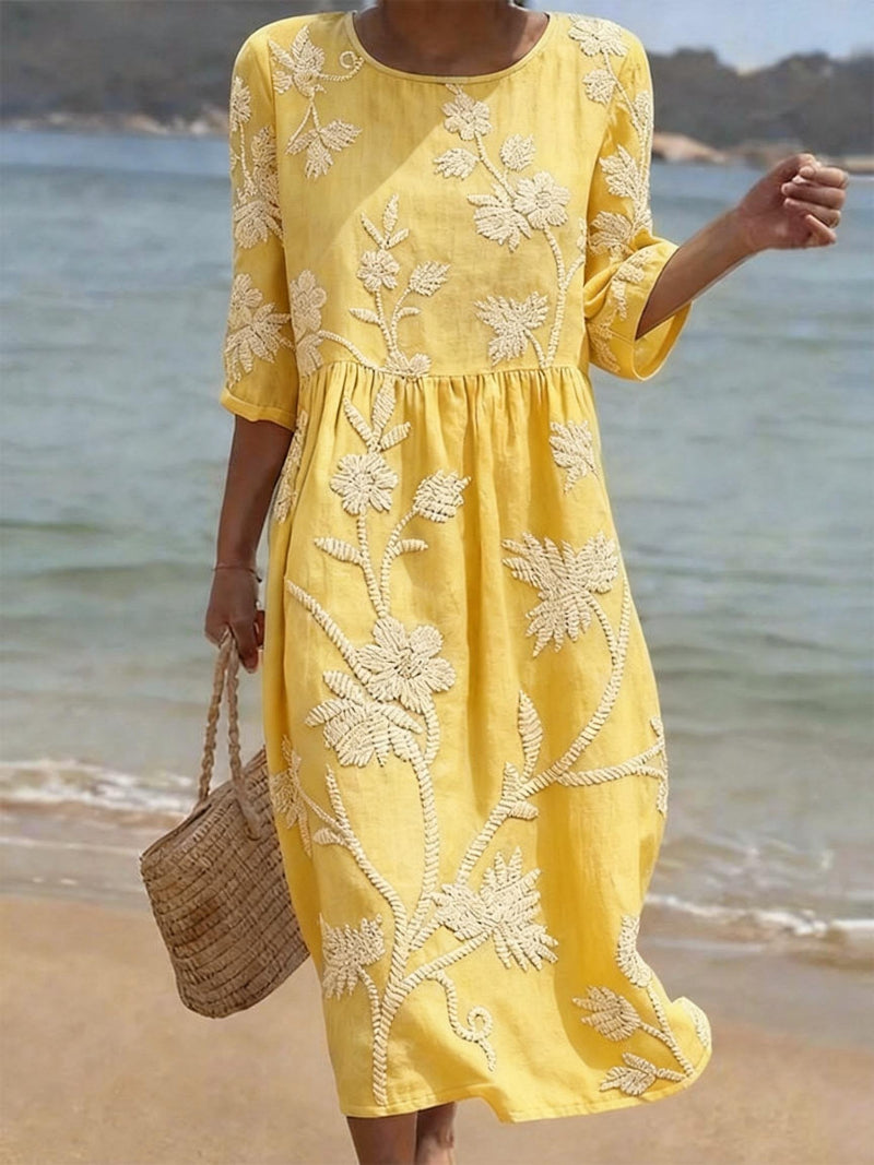 Women's Embroidered Midi Dress – Floral Relaxed Summer Dress