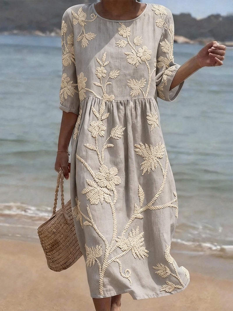 Women's Embroidered Midi Dress – Floral Relaxed Summer Dress