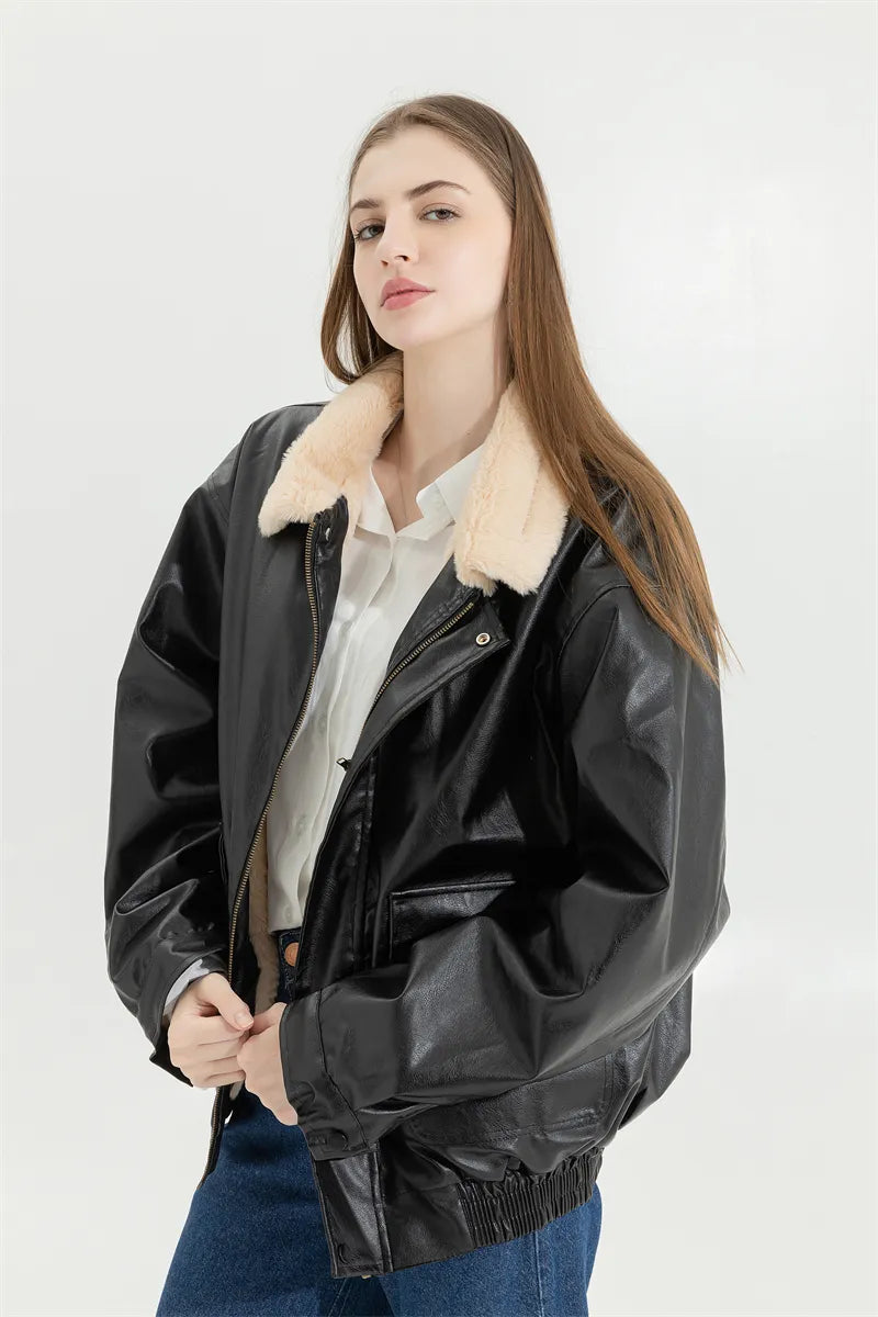 Women's Faux Leather Winter Jacket – Fleece Lined Oversized Coat