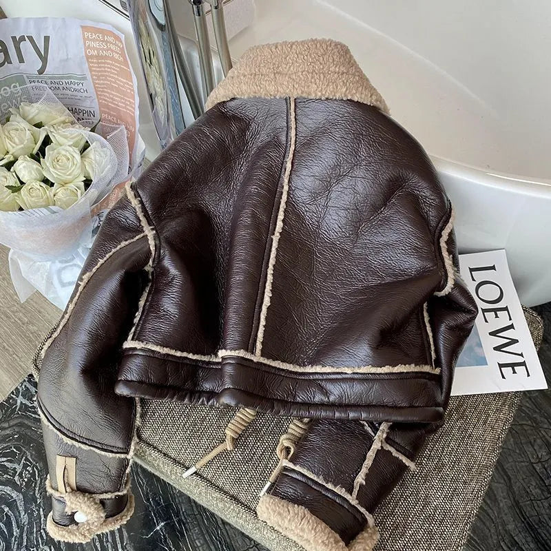 Women's Faux Leather Winter Coat – Plush Collar Moto Jacket