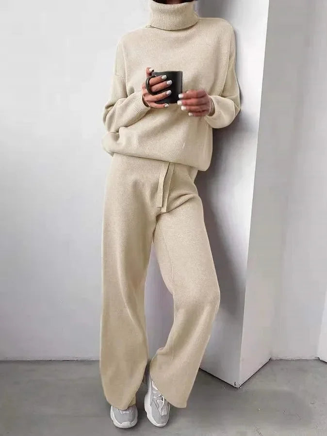 Women's Roll Neck Knit Set – Long Sleeve Top & Matching Bottom Set