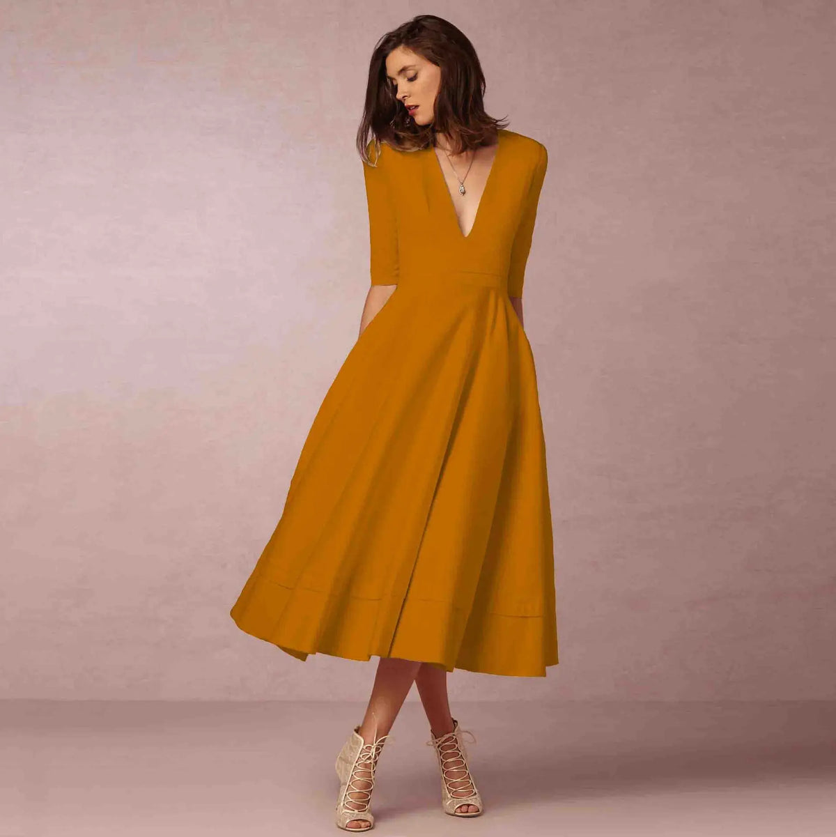 Women's Wedding Guest A-Line Midi Dress – Flowy Formal Occasion Dress