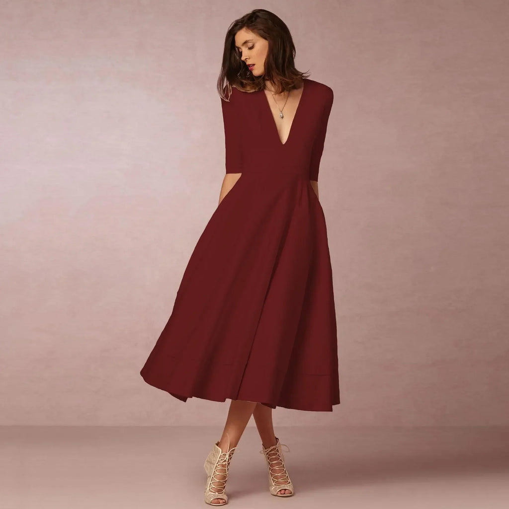 Women's Wedding Guest A-Line Midi Dress – Flowy Formal Occasion Dress
