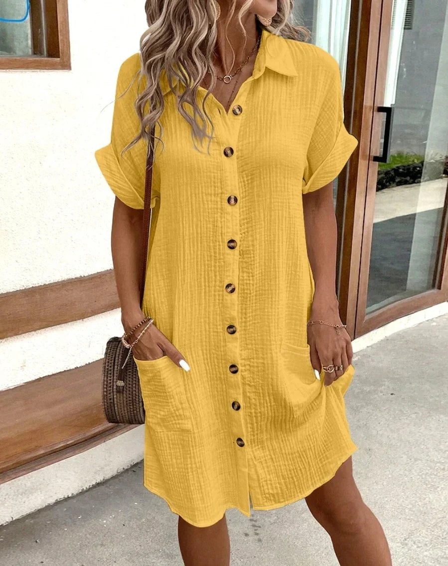 Women's Vintage V-Neck Dress – Three-Quarter Sleeve Flowy Dress