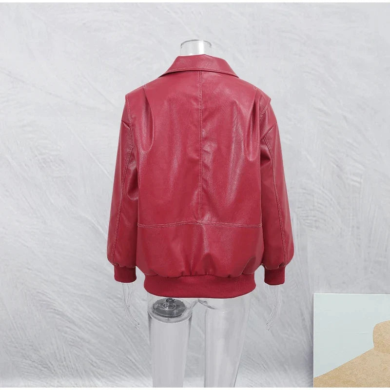Women's Cropped Faux Leather Jacket – Patchwork Zip-Up Jacket
