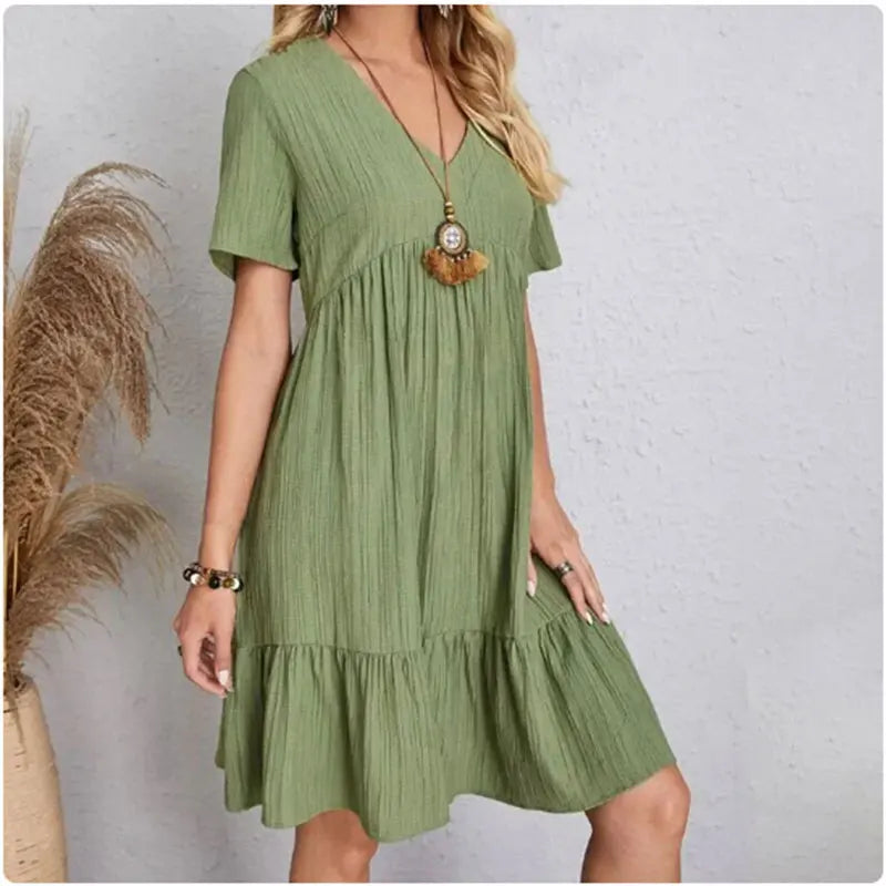 Women's V-Neck Summer Dress – Short Sleeve Ruffle Flowy Dress
