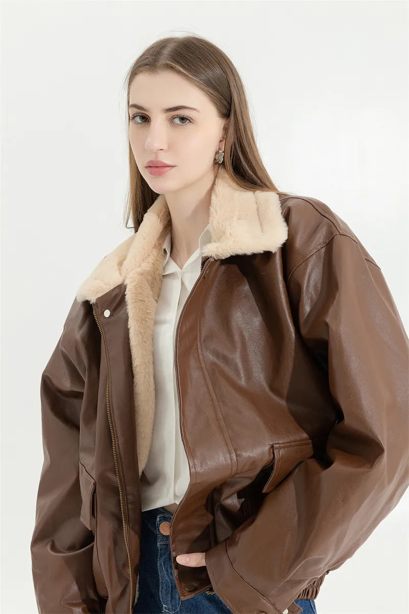 Women's Faux Leather Winter Jacket – Fleece Lined Oversized Coat