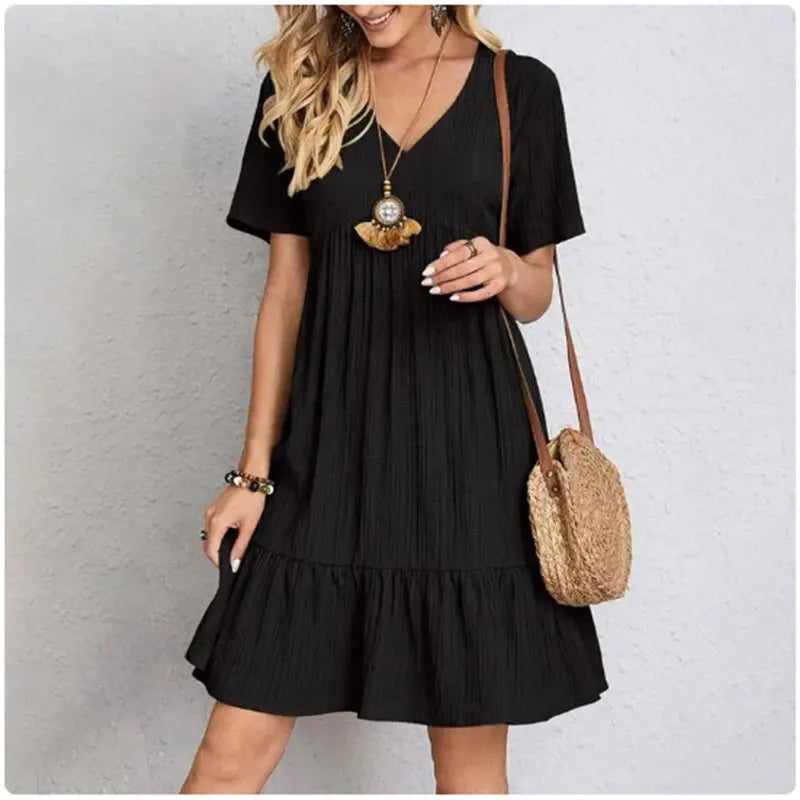 Women's V-Neck Summer Dress – Short Sleeve Ruffle Flowy Dress