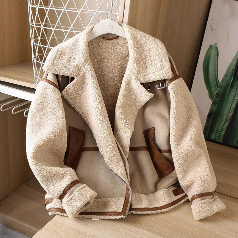 Women's Patchwork Fleece Jacket – Relaxed Zip-Up Winter Jacket