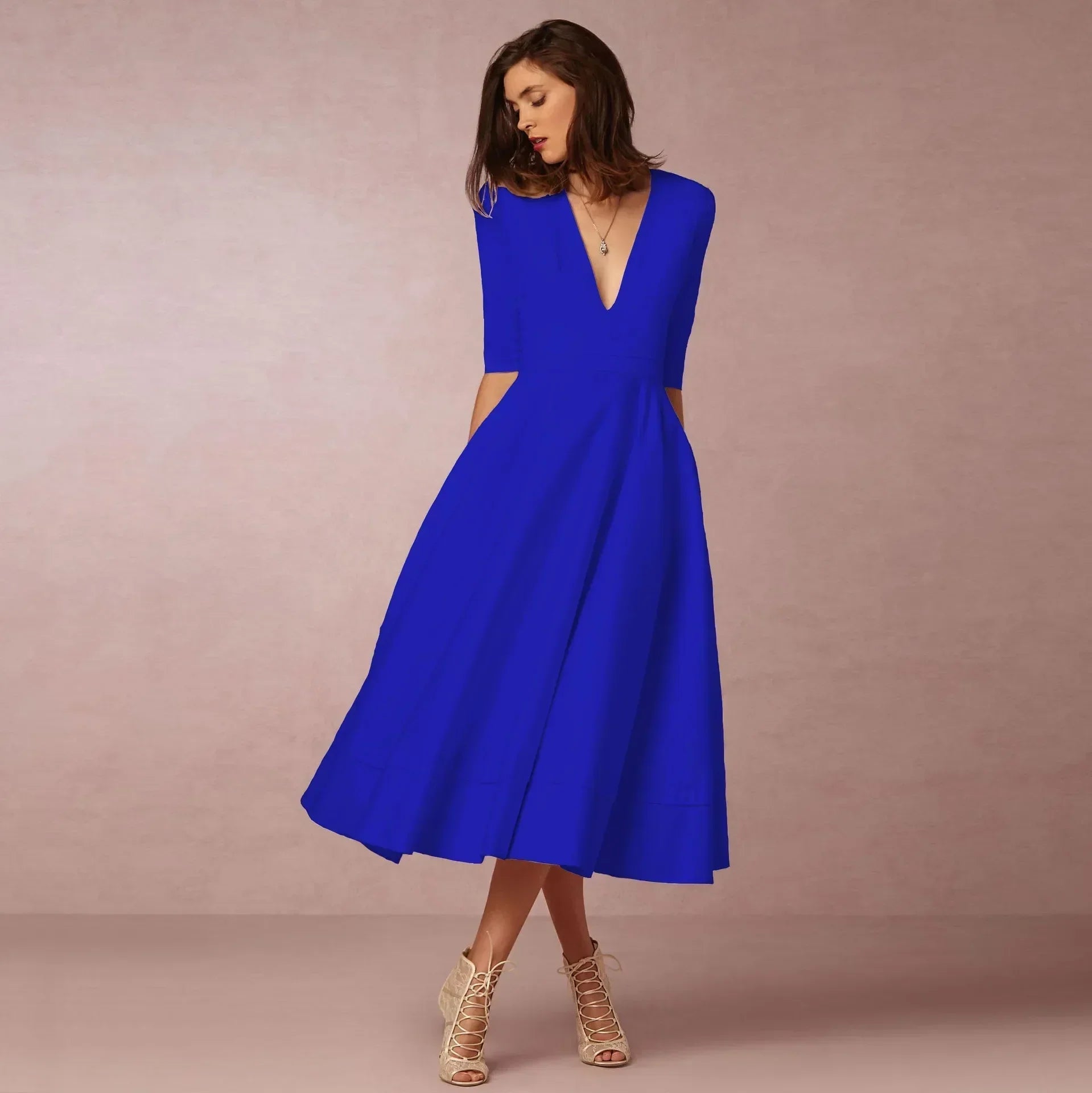 Women's Wedding Guest A-Line Midi Dress – Flowy Formal Occasion Dress