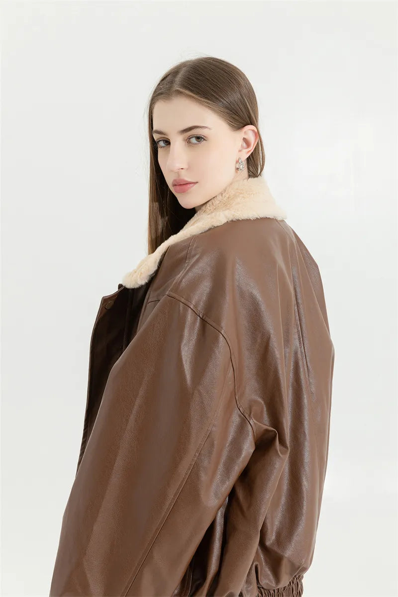 Women's Faux Leather Winter Jacket – Fleece Lined Oversized Coat