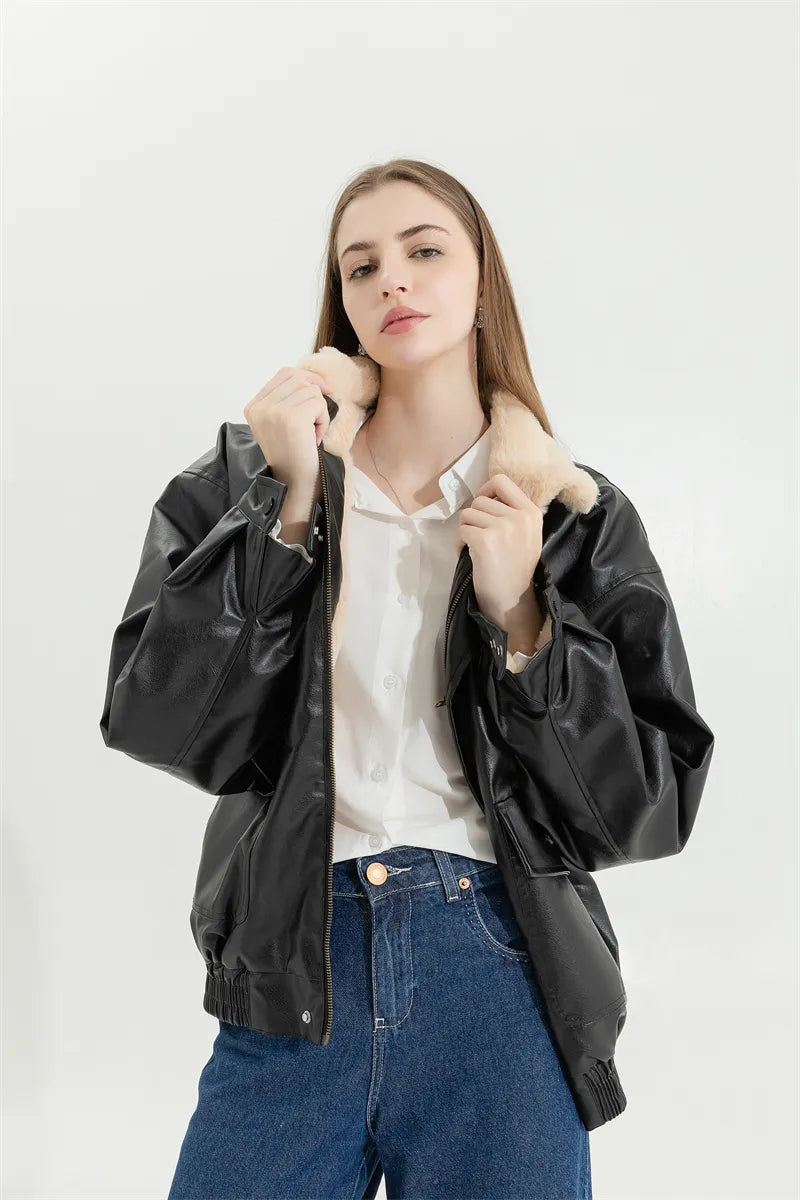 Women's Faux Leather Winter Jacket – Fleece Lined Oversized Coat