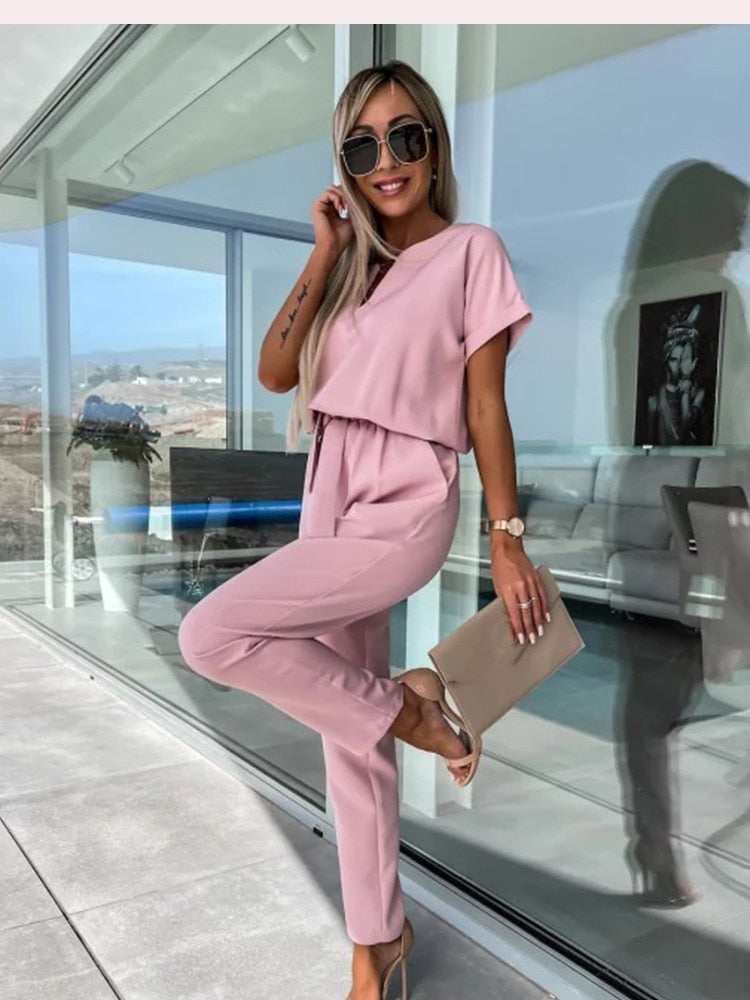 Women's Short Sleeve Wide Leg Jumpsuit – Tie Waist Round Neck Jumpsuit