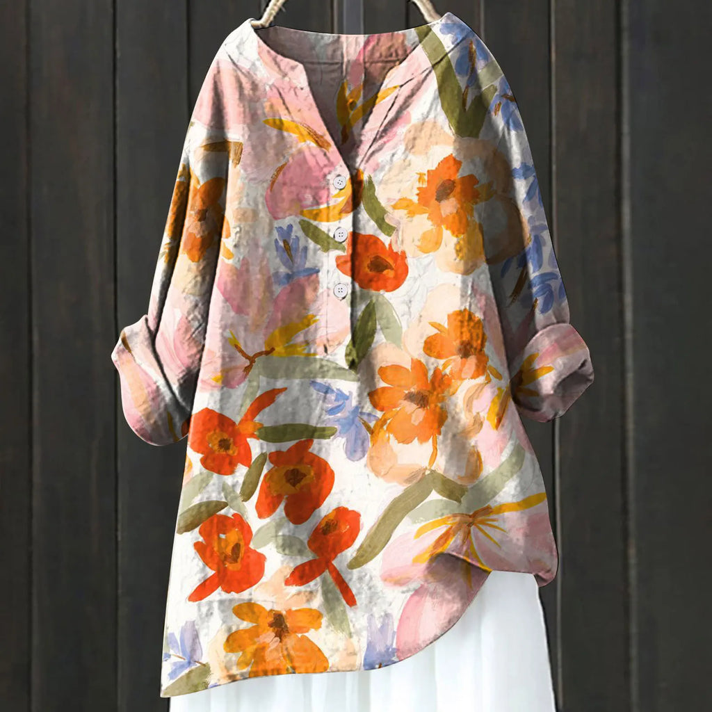 Women's Floral Blouse with Split Neckline and Loose Fit