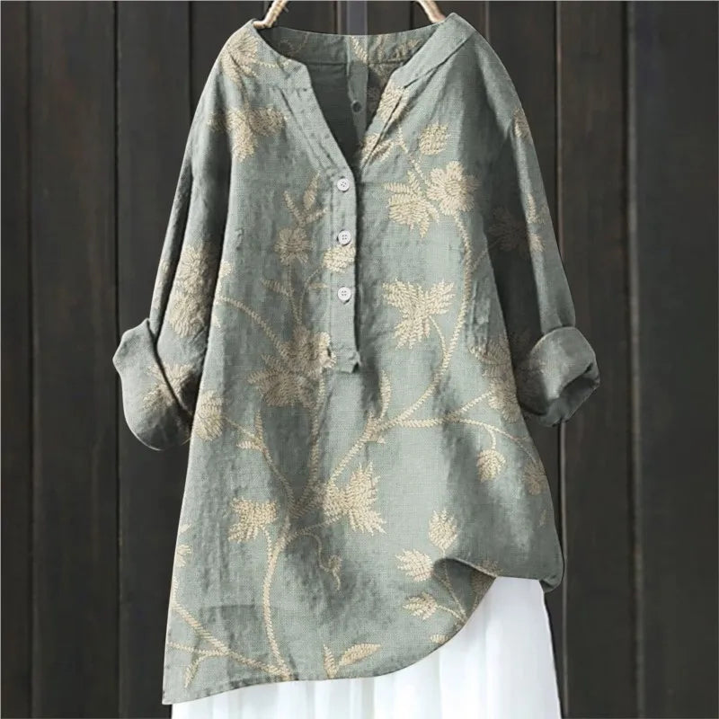 Women's Floral Blouse with Split Neckline and Loose Fit