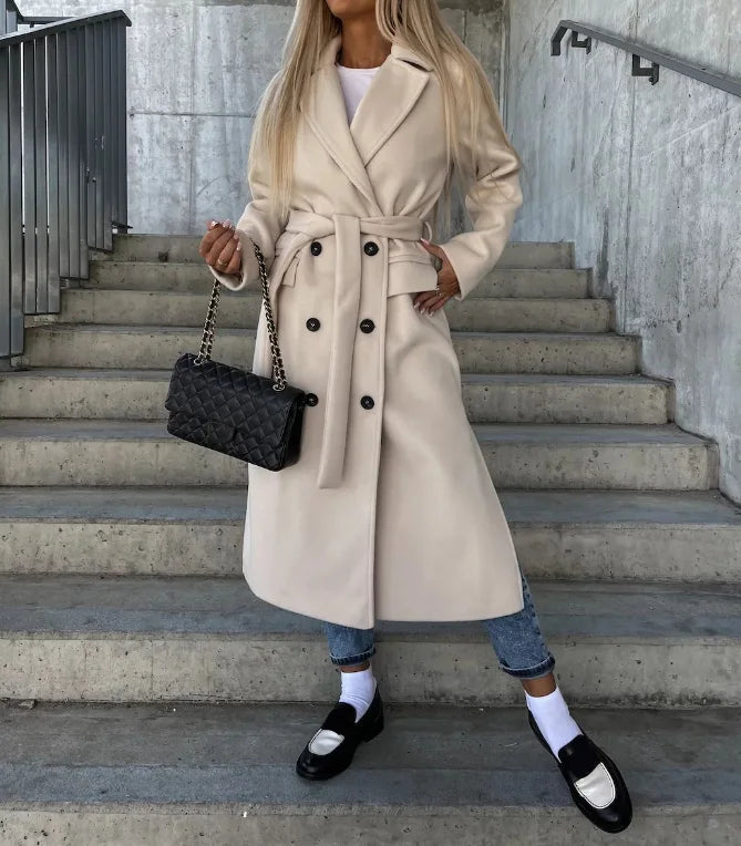 Women's Long Lapel Coat – Button Front Tailored Overcoat