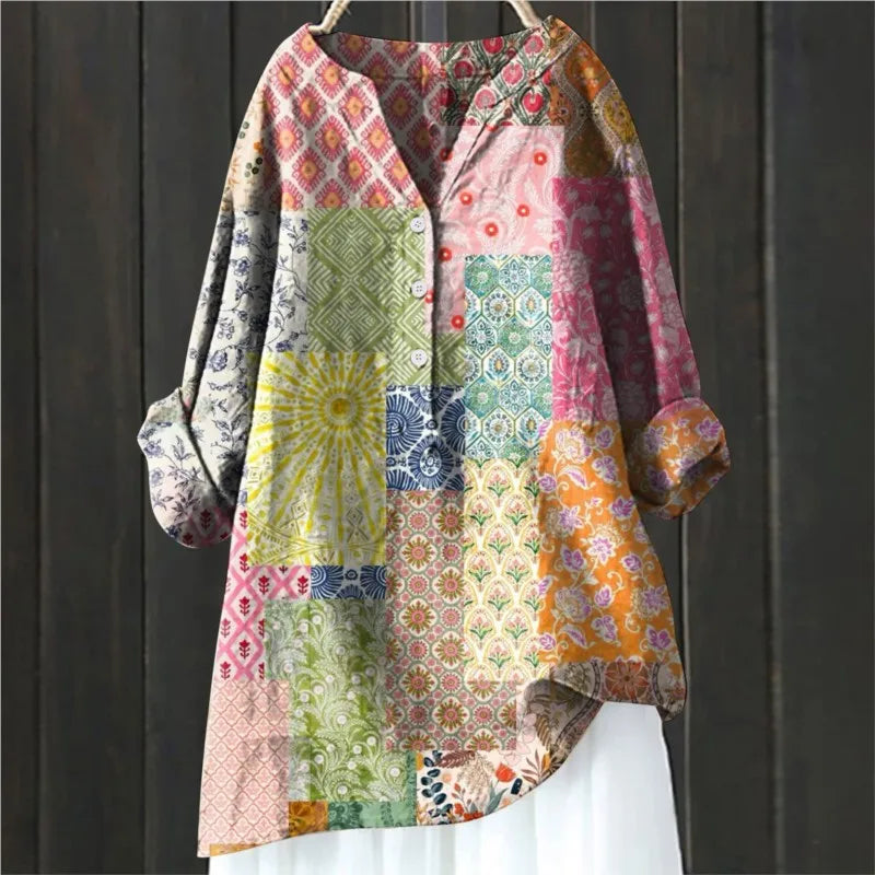 Women's Floral Blouse with Split Neckline and Loose Fit