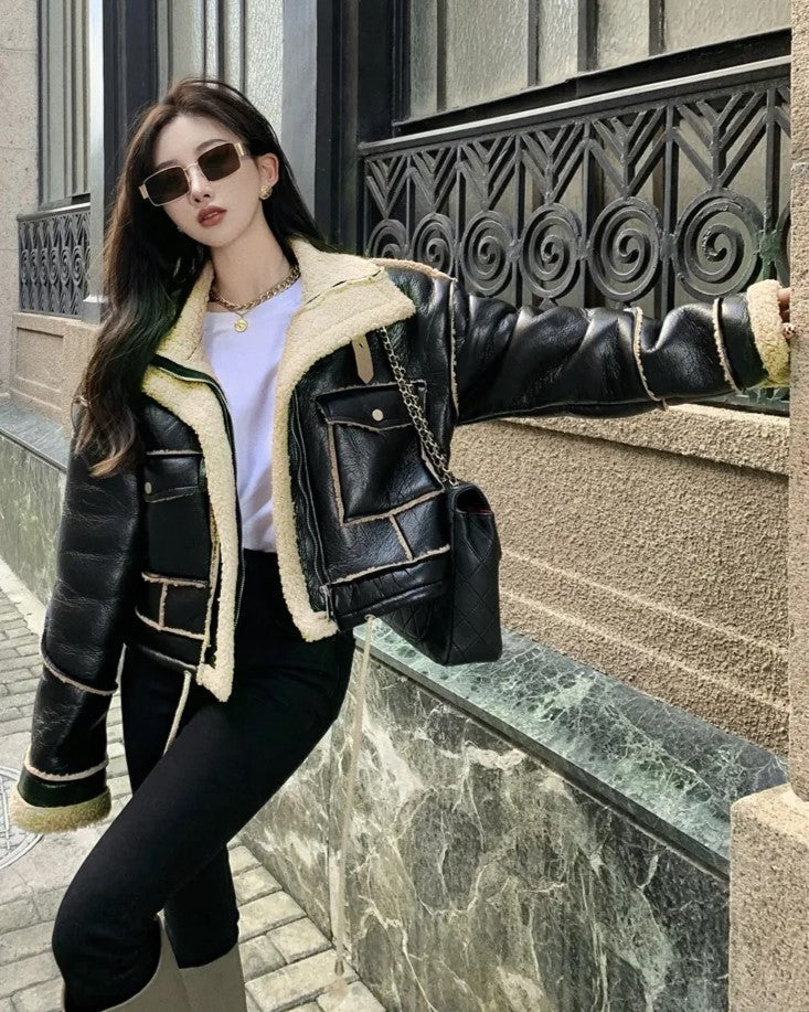 Women's Faux Leather Winter Coat – Plush Collar Moto Jacket