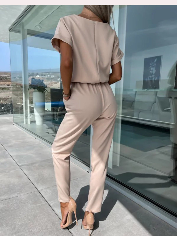 Women's Short Sleeve Wide Leg Jumpsuit – Tie Waist Round Neck Jumpsuit