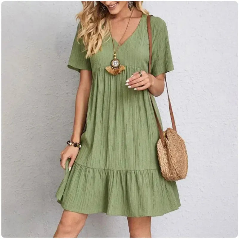 Women's V-Neck Summer Dress – Short Sleeve Ruffle Flowy Dress