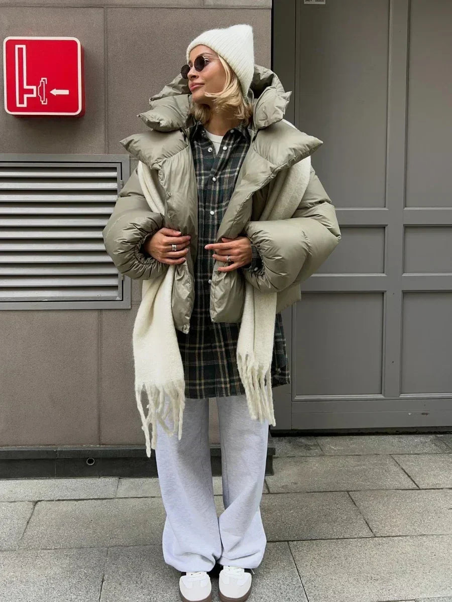 Women's Shiny Puffer Jacket – Oversized High Collar Winter Jacket