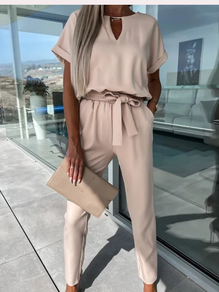 Women's Short Sleeve Wide Leg Jumpsuit – Tie Waist Round Neck Jumpsuit