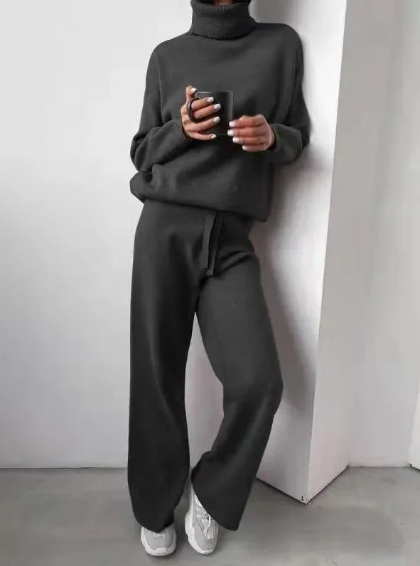 Women's Roll Neck Knit Set – Long Sleeve Top & Matching Bottom Set