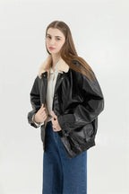 Women's Faux Leather Winter Jacket – Fleece Lined Oversized Coat