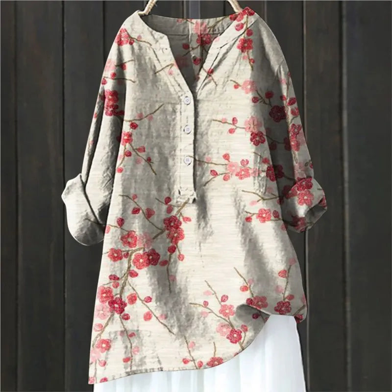 Women's Floral Blouse with Split Neckline and Loose Fit