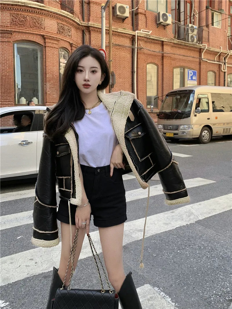 Women's Faux Leather Winter Coat – Plush Collar Moto Jacket