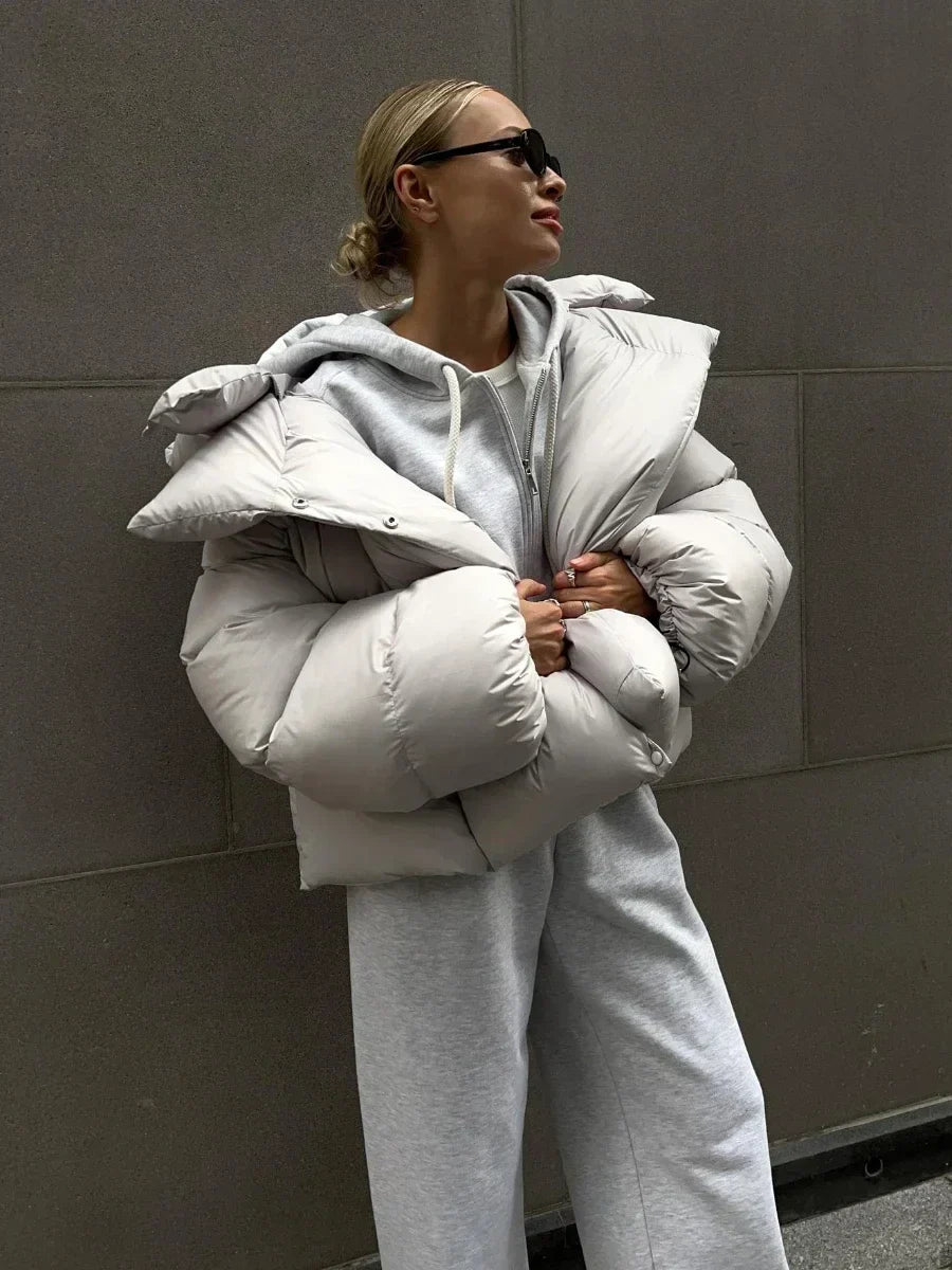Women's Shiny Puffer Jacket – Oversized High Collar Winter Jacket