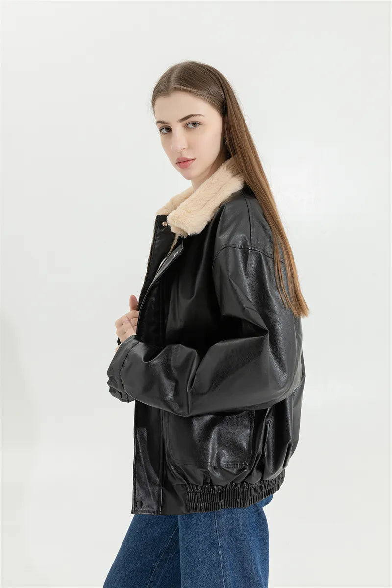 Women's Faux Leather Winter Jacket – Fleece Lined Oversized Coat