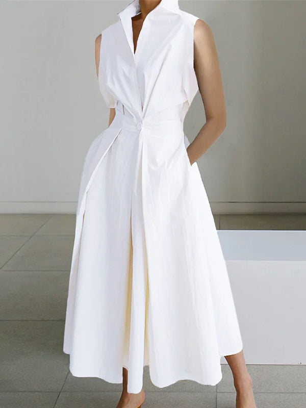 Women's White Shirt Dress – Collared Button Front Midi Dress