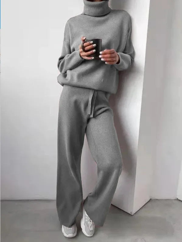 Women's Roll Neck Knit Set – Long Sleeve Top & Matching Bottom Set